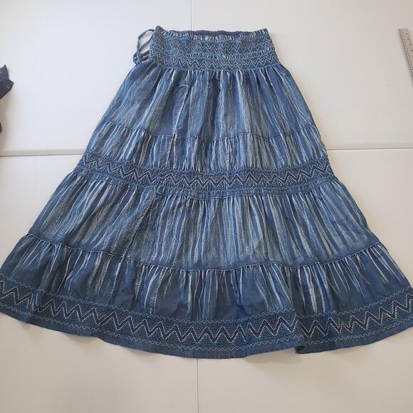 Whimsigoth Fairy Grunge Skirt Womens Large Blue Boho Tiered Maxi Smocked Waist - Picture 2 of 8
